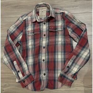Hollister Men's Flannel Bottom Down Shirt Sz Red Blue Plaid